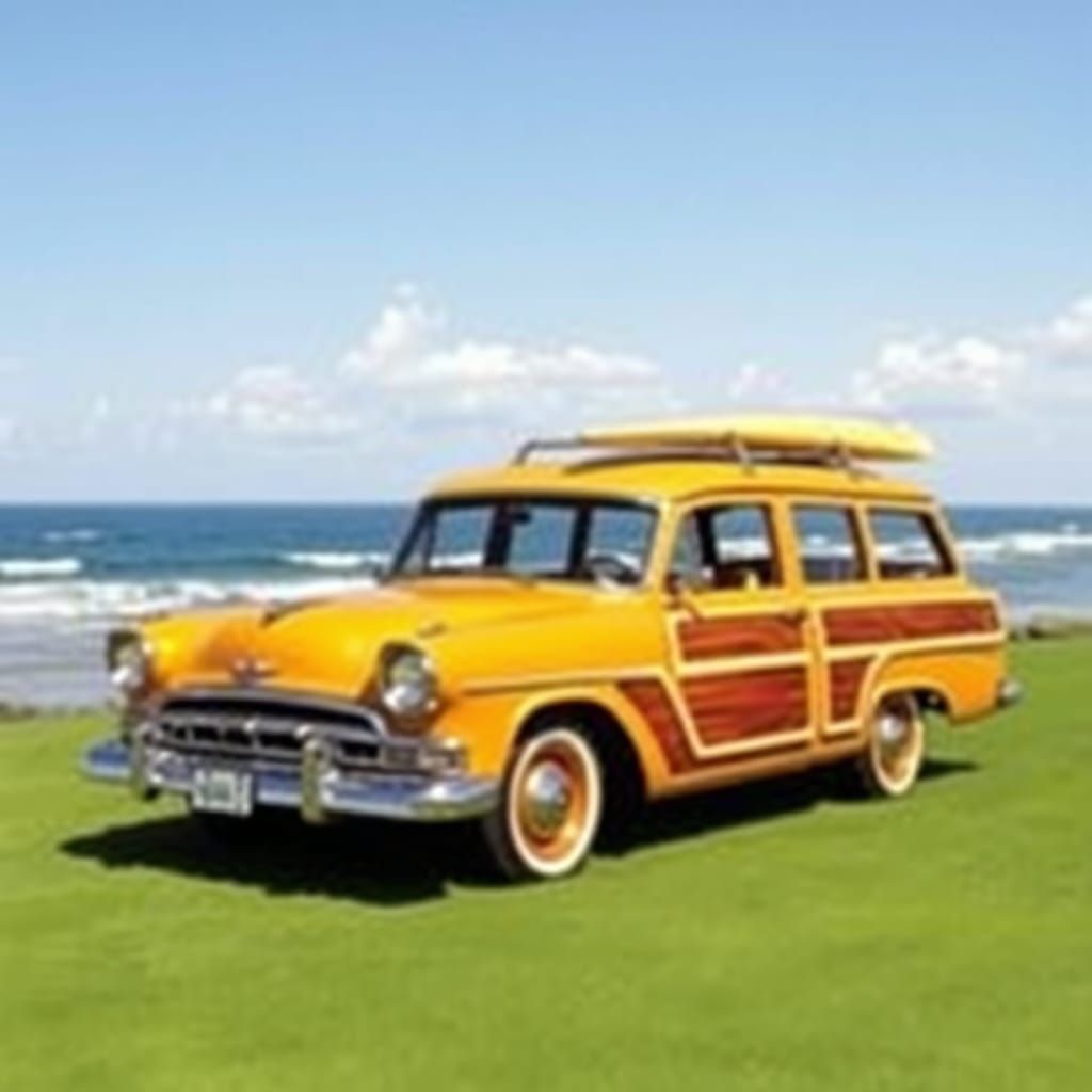 Vibrant 1960s Woody Station Wagon in Retro Beach Setting