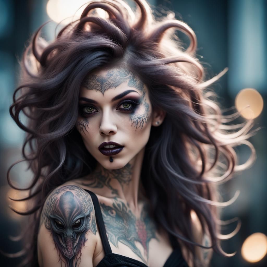 Beautiful Alien Woman with Tattoos and Flowing Hair