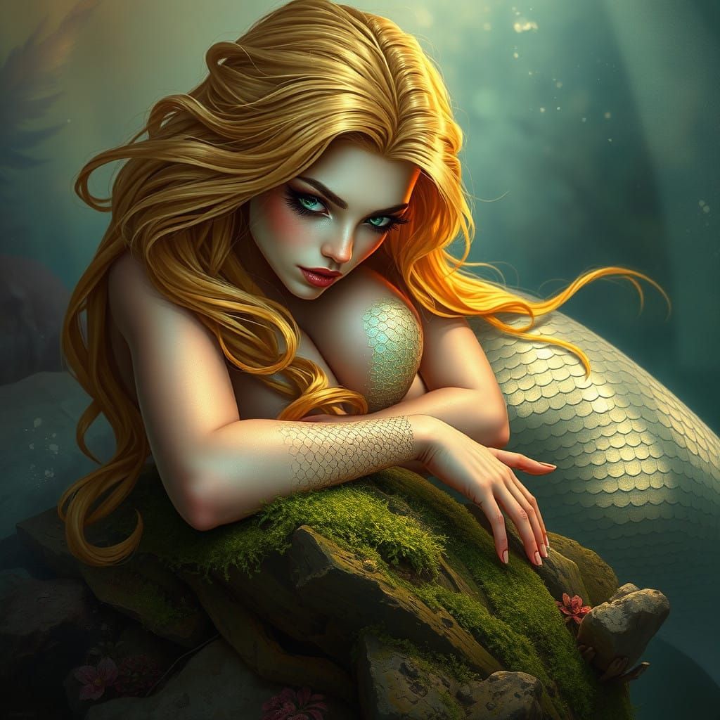 Seductive Mermaid Siren on Ancient Rocks