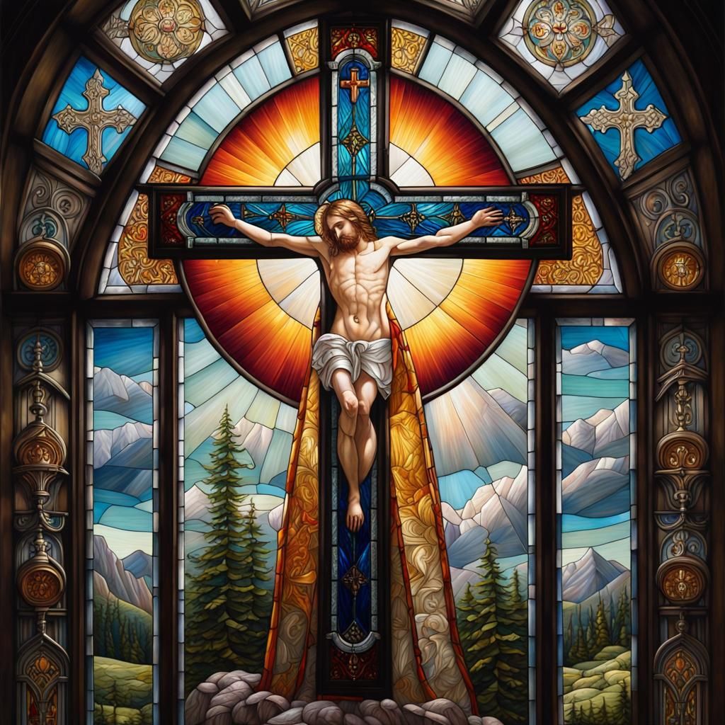 Detailed Stained Glass Cross in Oil Painting Style