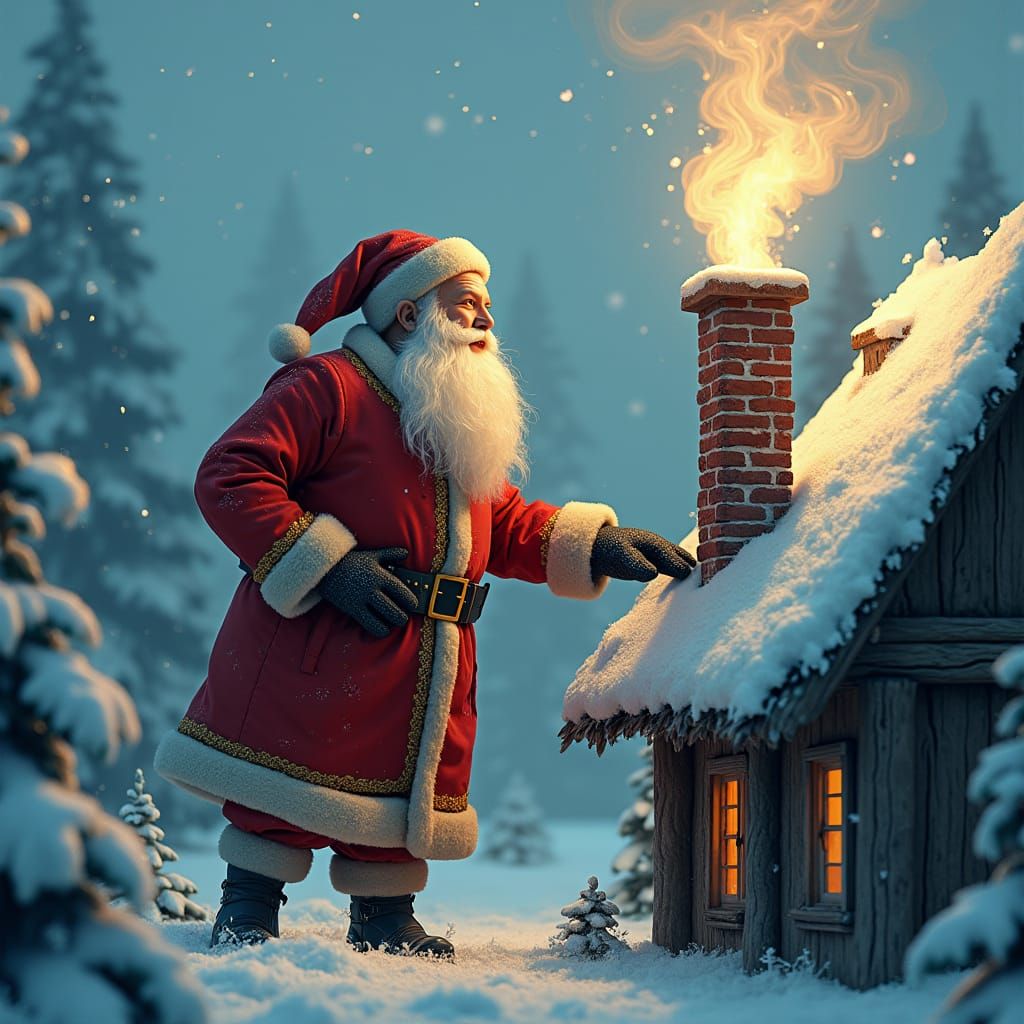 Santa Claus Climbing Chimney in Winter Wonderland