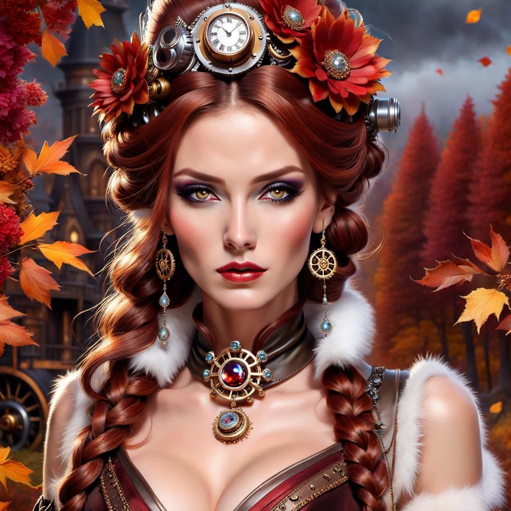 Modern Young lovely Steampunk Woman with Red Brown braided u...