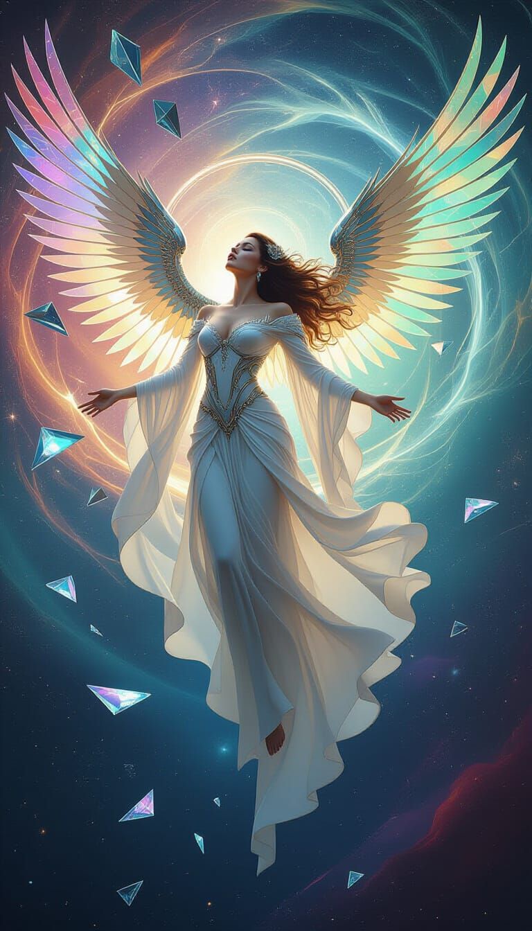 Ethereal Woman with Mechanical Wings in Surreal Scene