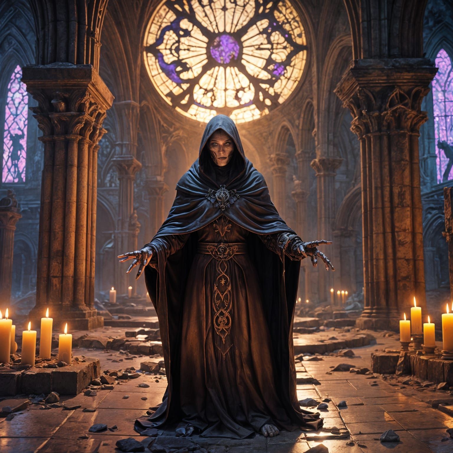 Dark Fantasy Scene in Abandoned Gothic Cathedral at Midnight