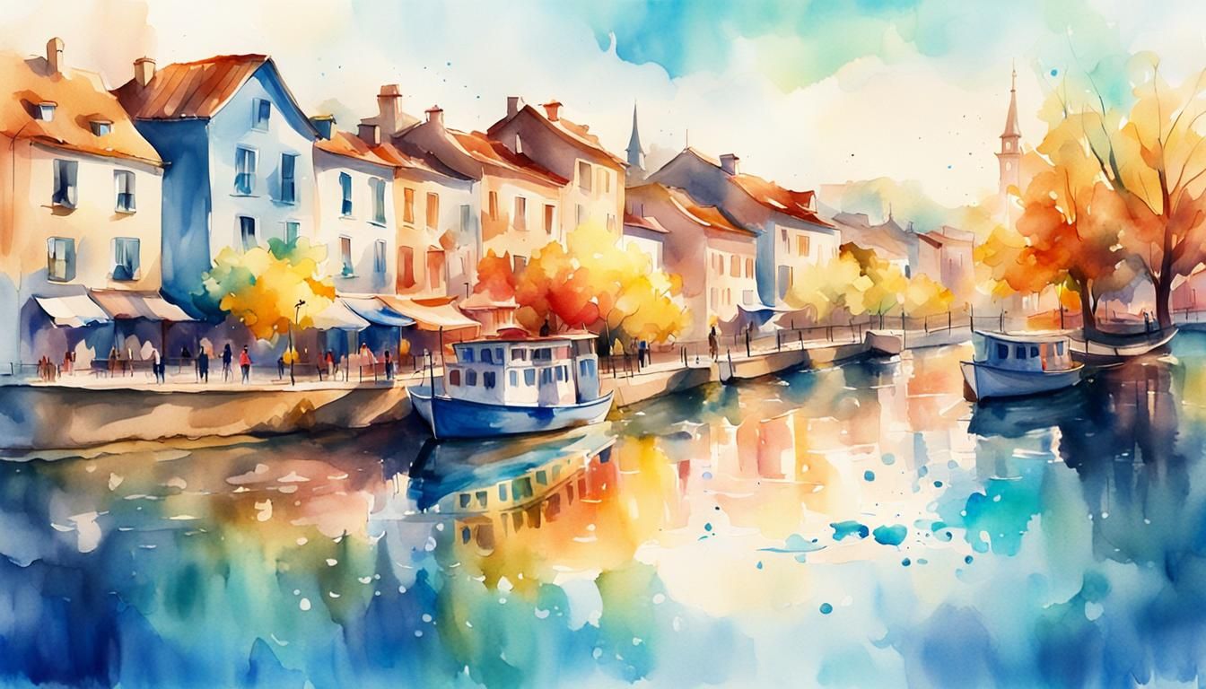 Vibrant Watercolor Riverside Town with Ink Splash