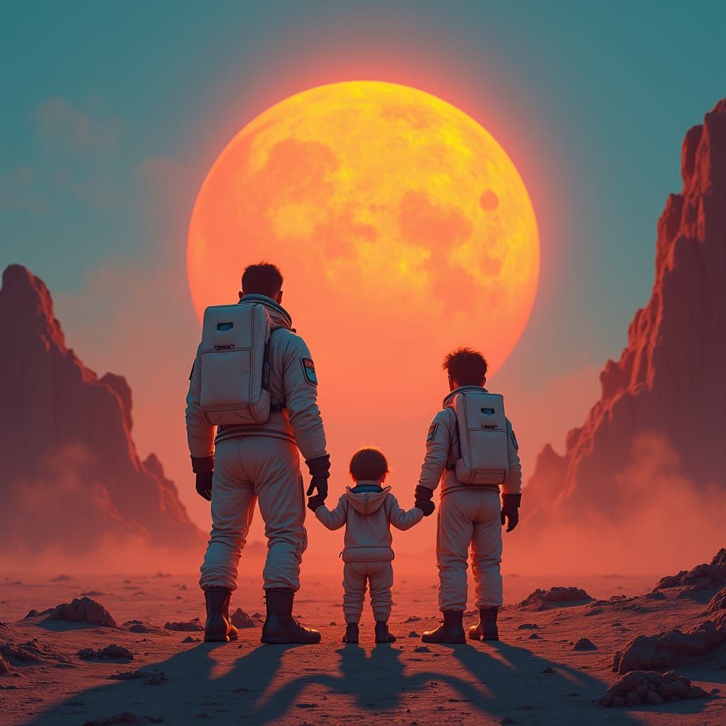 Astronaut Family on Alien Planet in Surreal Landscape