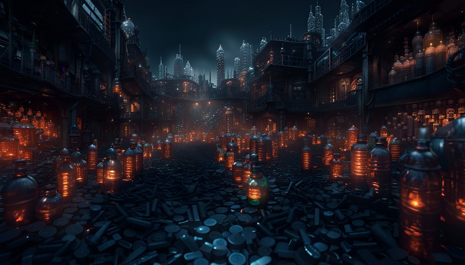 Dark Fantasy City Made of Plastic Bottles