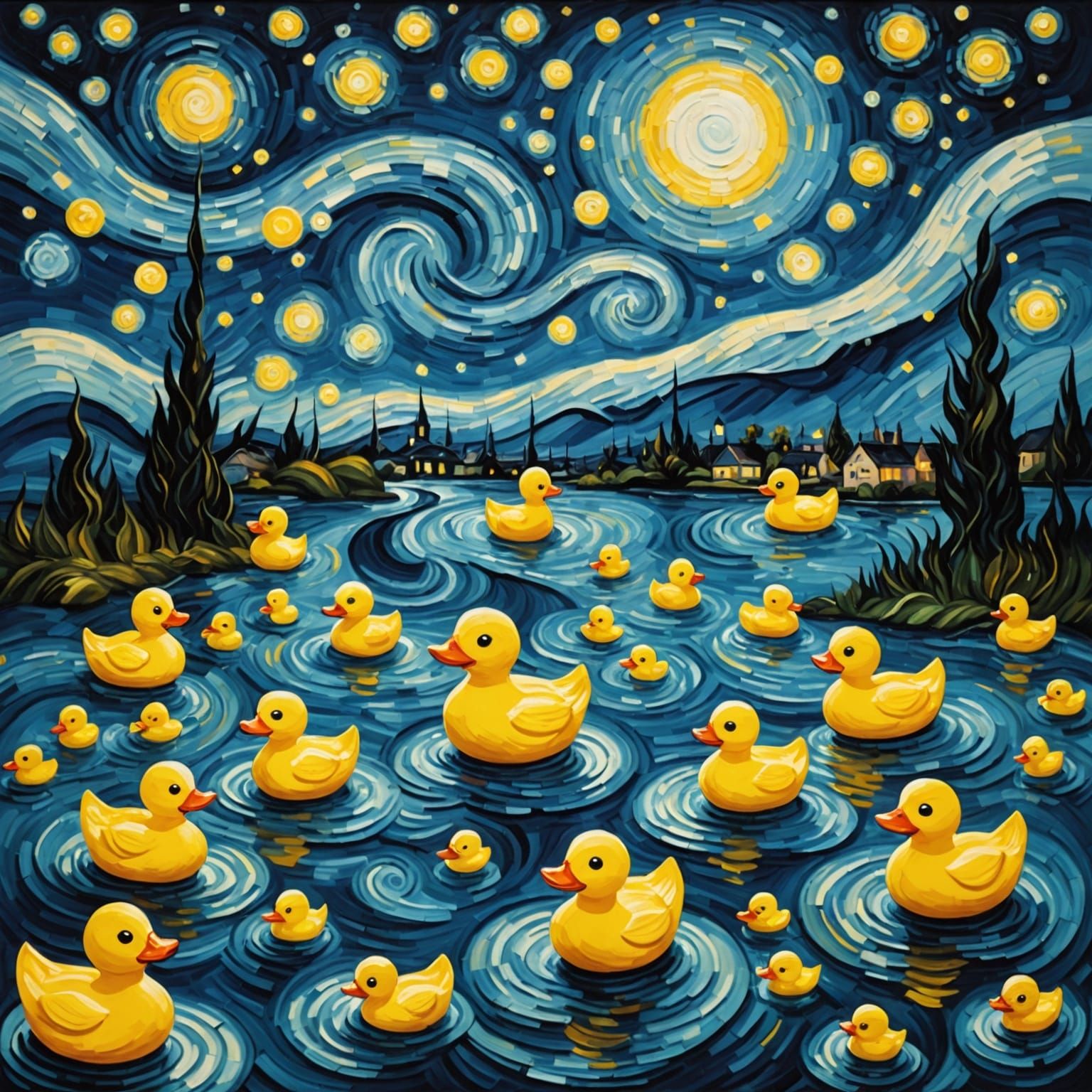 Rubber Duck Starry Night: A Surreal Oil Painting