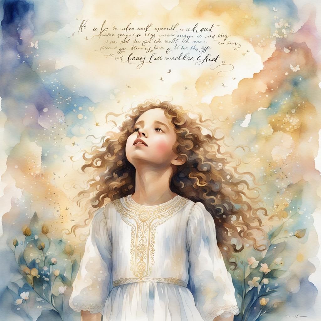 Angelic Girl Reaching for Heaven in Watercolor