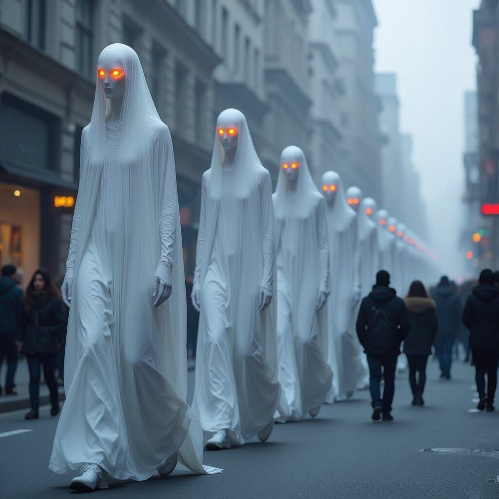 Ethereal Procession in Foggy City Street