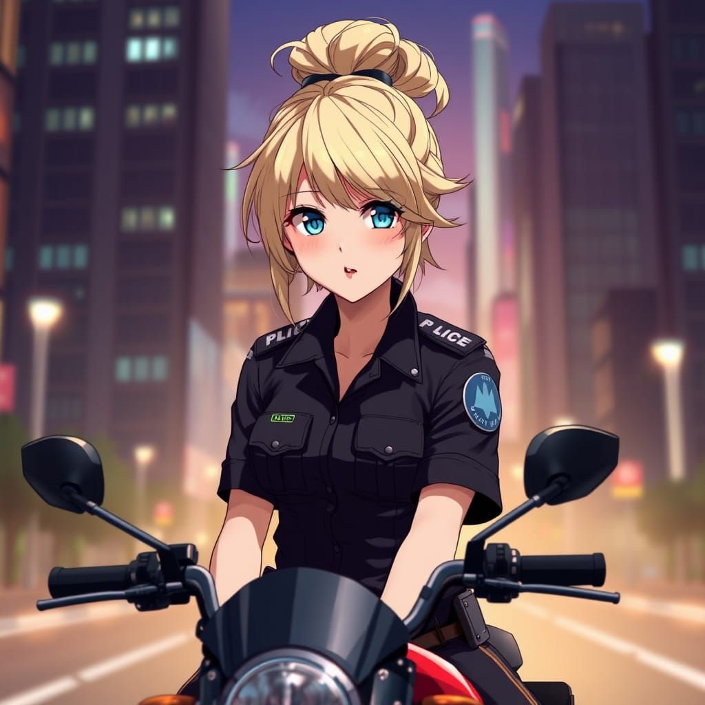 Anime Police Officer on Motorbike in Ghibli Style
