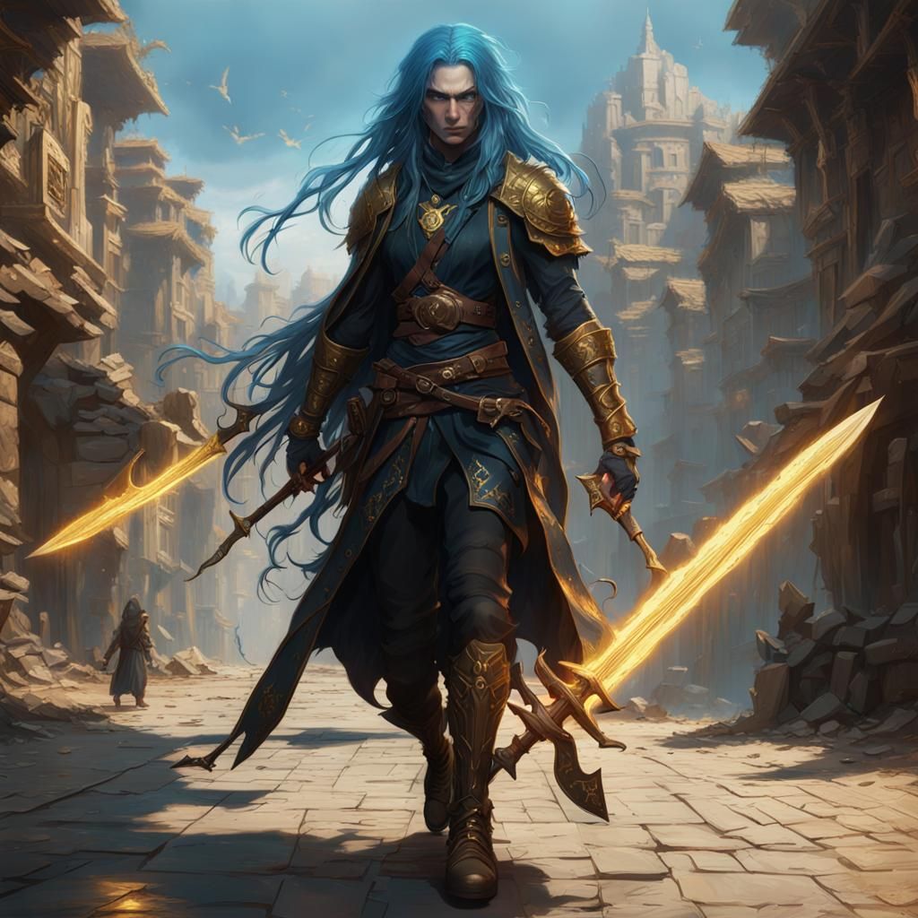 Golden-Eyed Blue-Haired Rogue with Daggers
