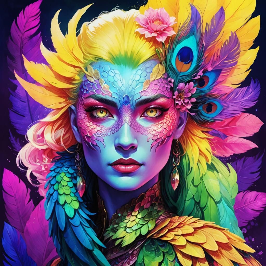 Vibrant Dragon-Peacock Woman in Comic Book Style