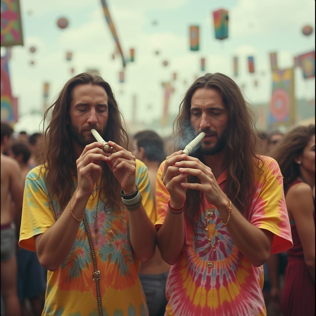 Stoned Hippies at Festival in Cinematic Film Still