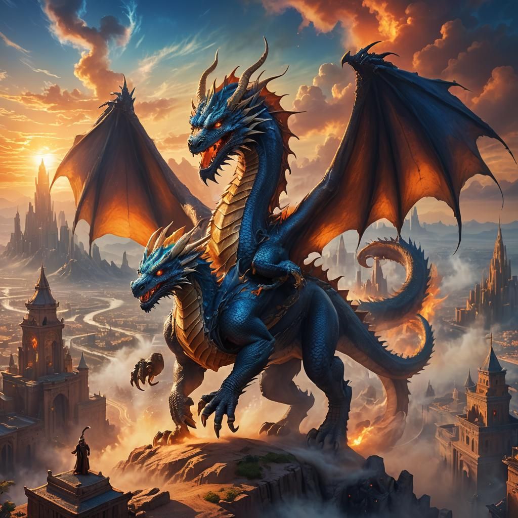 Dragon and Wizard Emerge from Misty Dessert, Fantasy Art