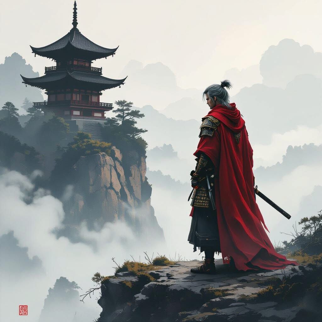 Hyperrealistic Samurai on Windswept Cliff