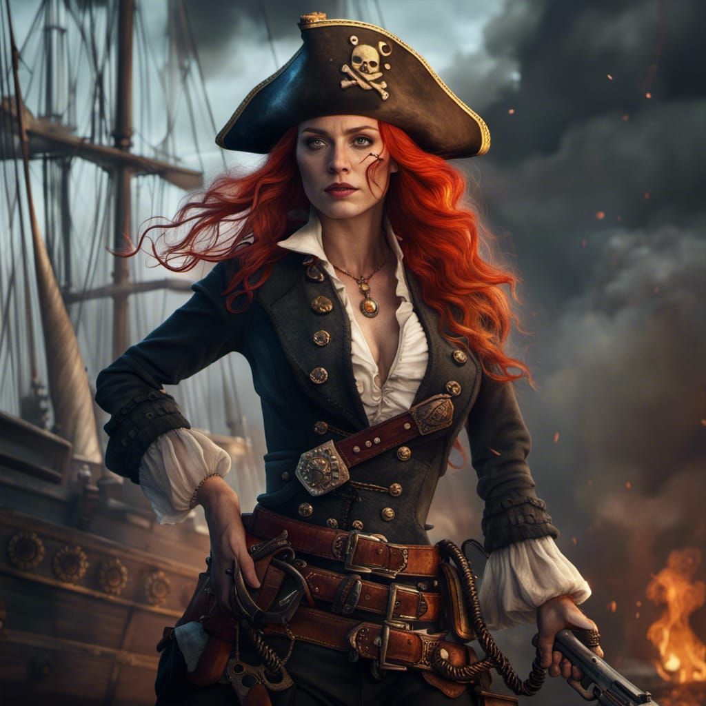 Redhead Pirate Captain on Burning Ship