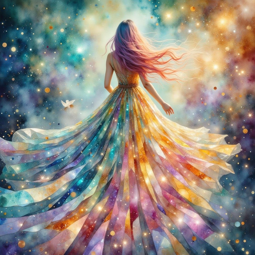 Woman with Rainbow Hair and Iridescent Gown