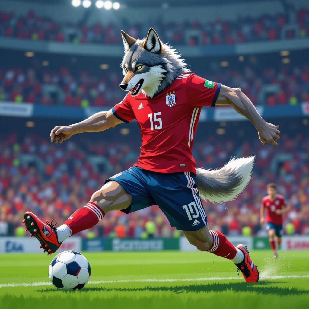 Humanoid Wolf Kicking Soccer Ball in Stadium
