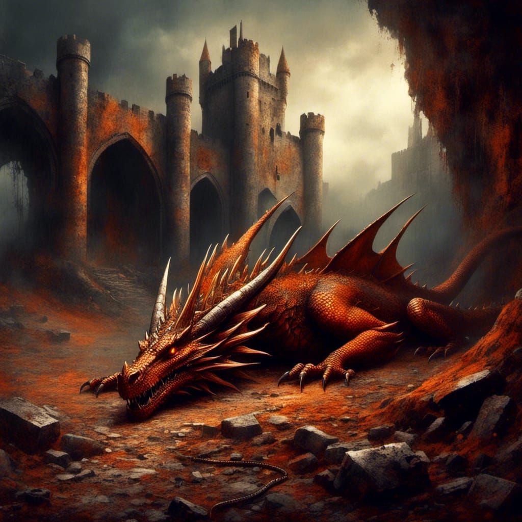 Rust Dragon Sleeps in Gritty Medieval Ruins