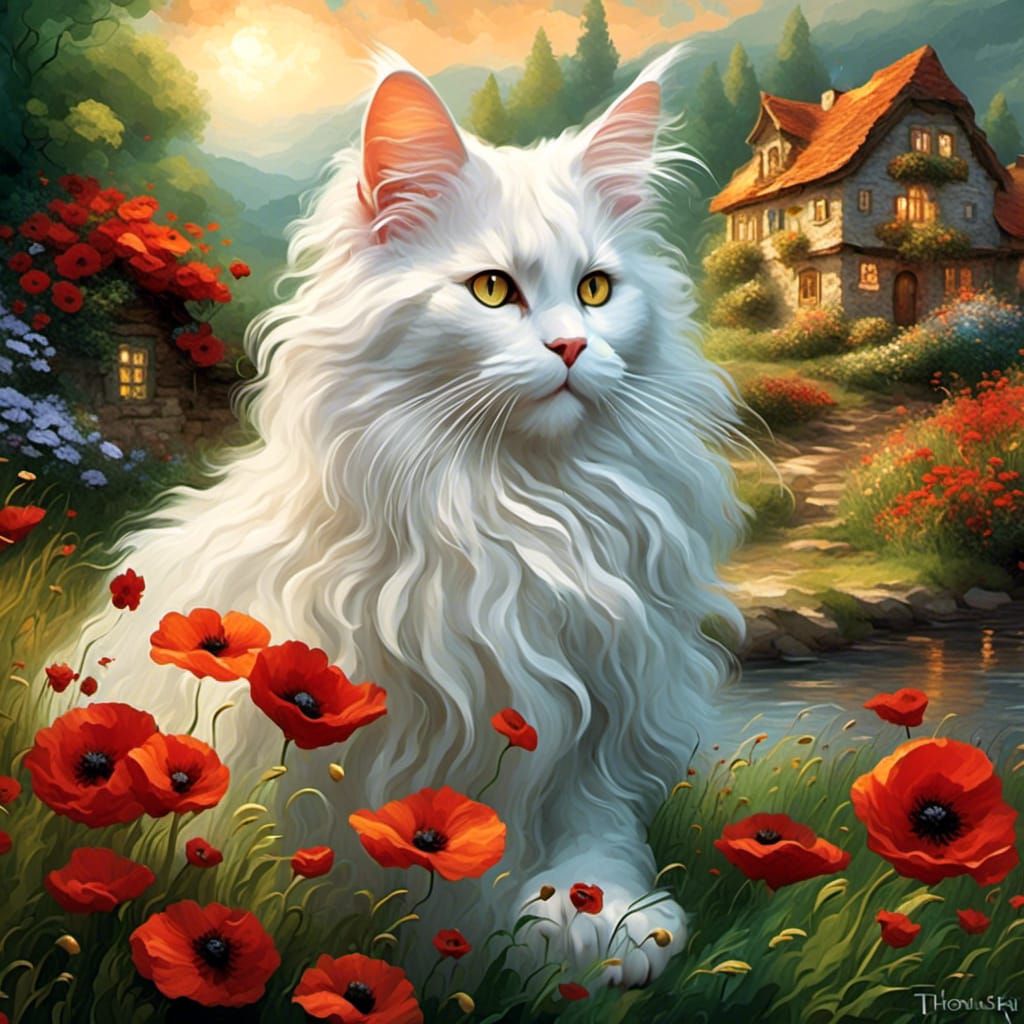 <lora:ThickPaint:1.0> Very long haired Mainecoon white kitty with very long ear tufts, wavy, thick curly hair heavily ac...