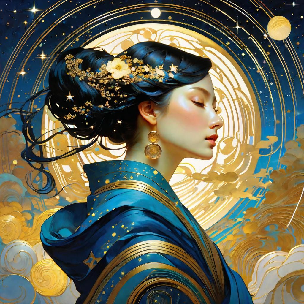 Zen Woman in Celestial Swirls: Art Nouveau Style