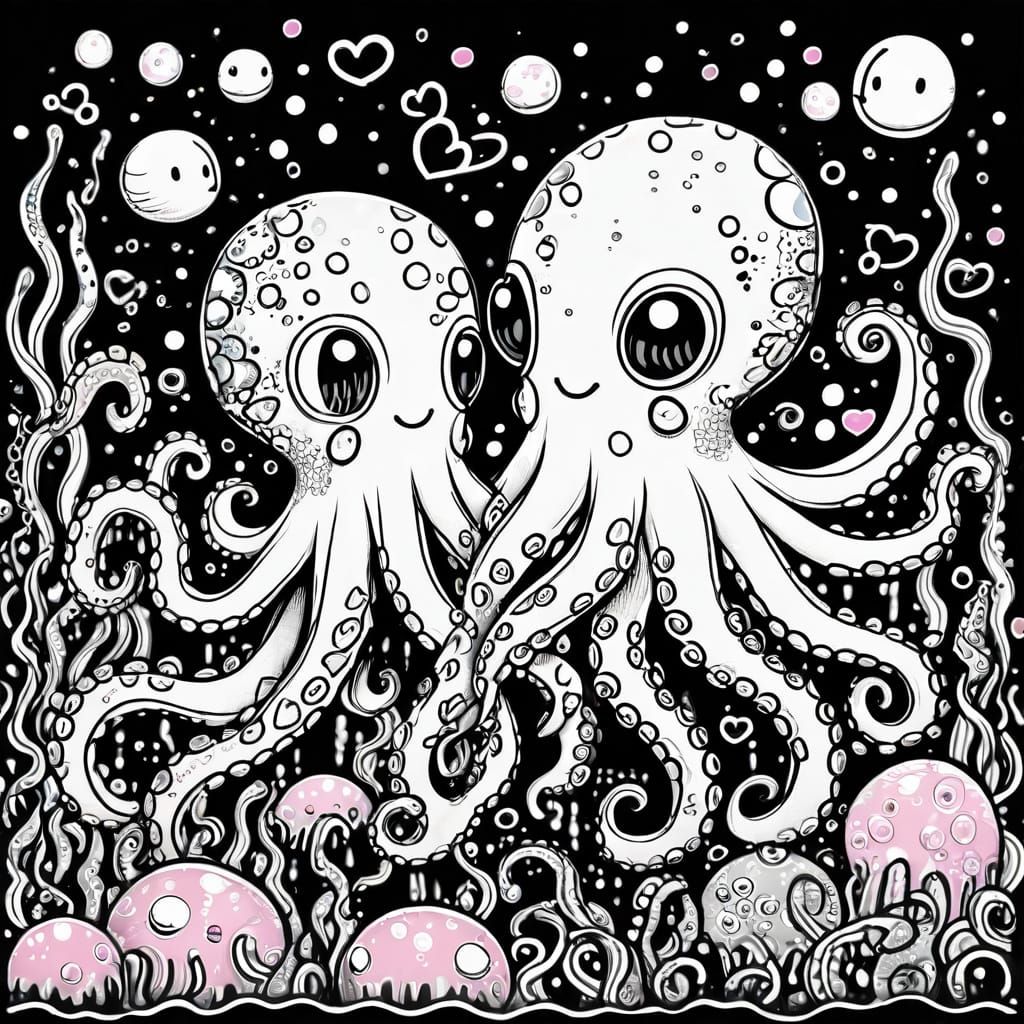 Kawaii Octopus Romance in a Black and White Seascape