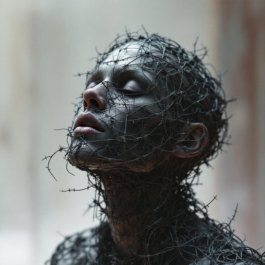 Vibrant Human Sculpture Made of Twisted Barbed Wire in a Haz...