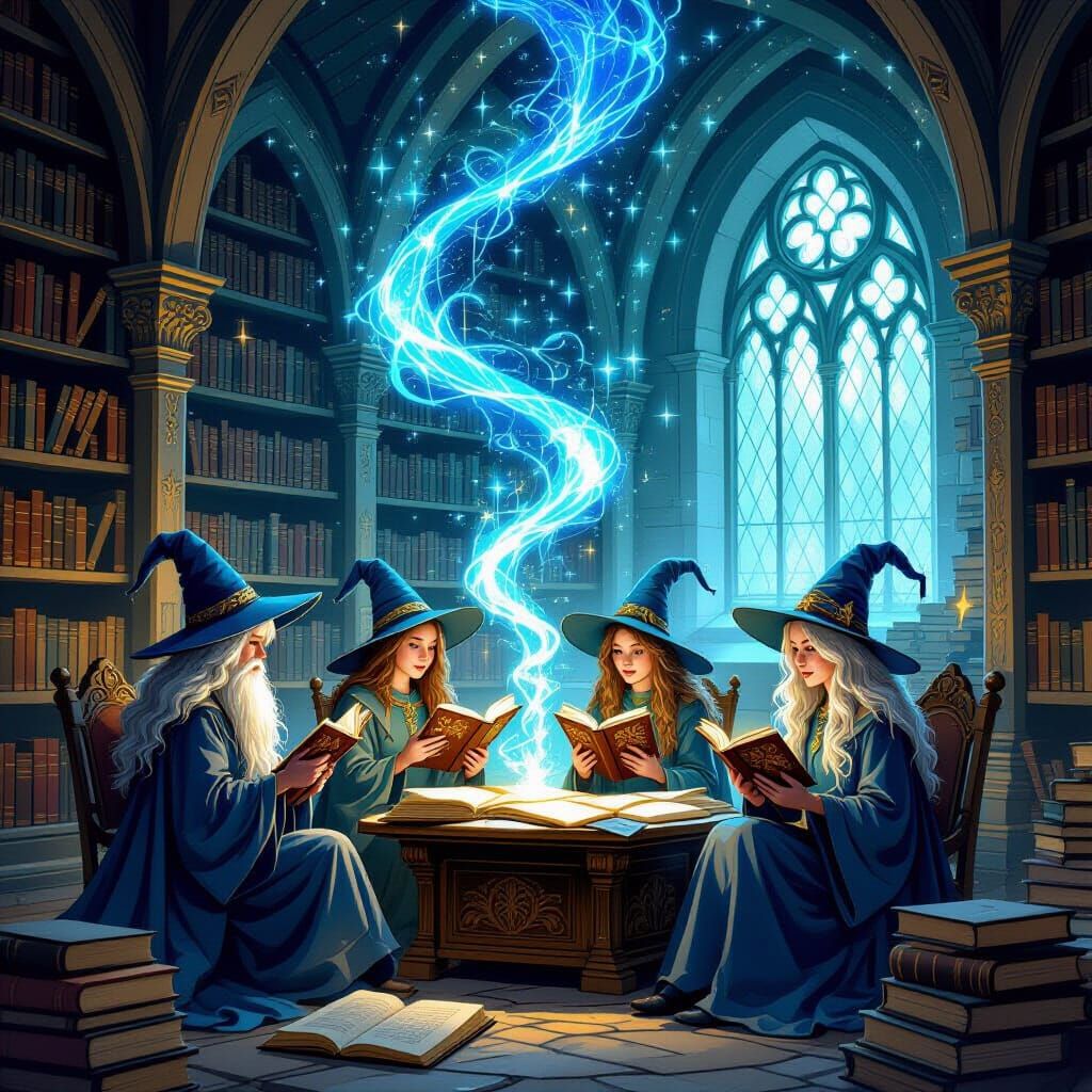 Magic Library: Young Wizards in Gouache Painting