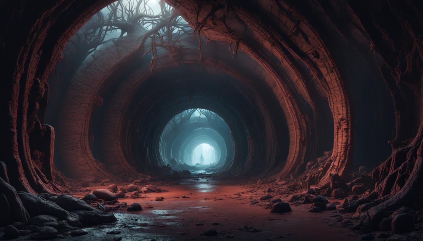 Alien World: Dark Tunnel with Strange Life