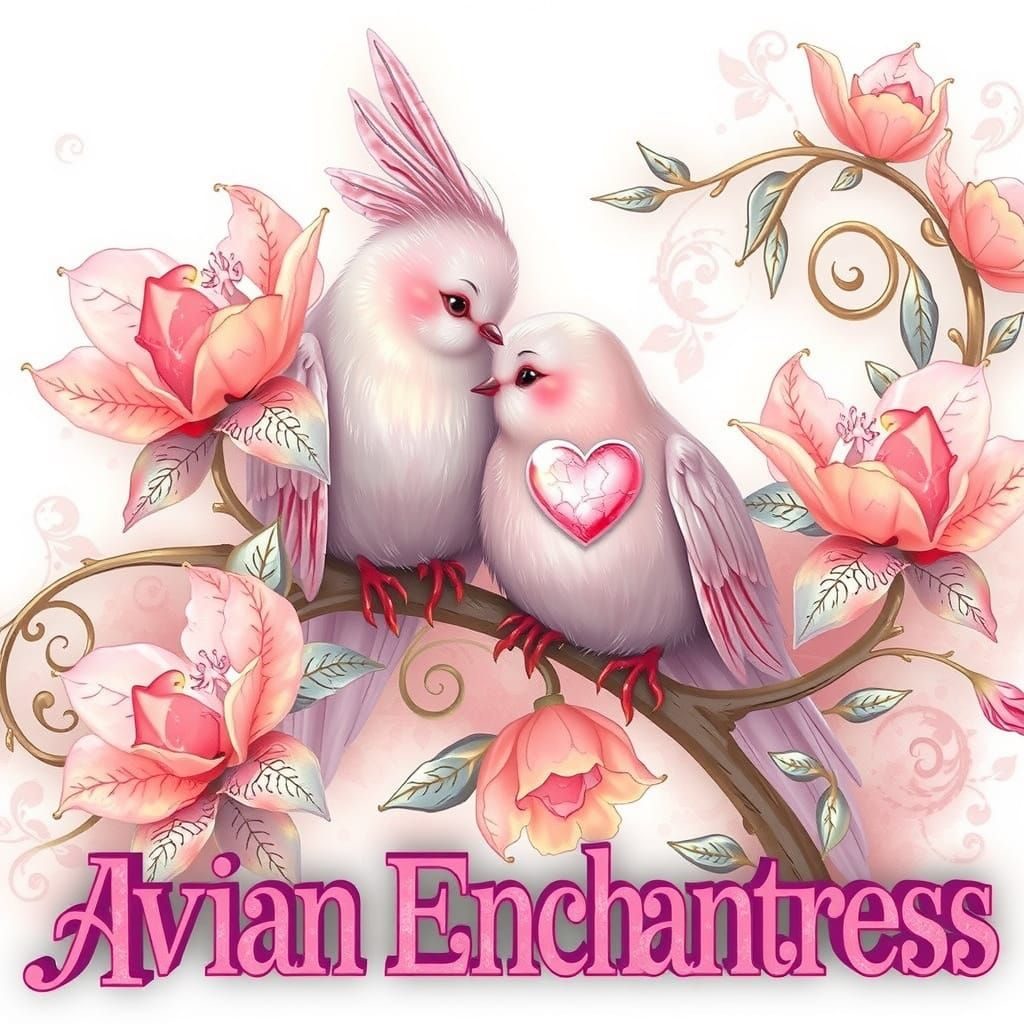 Two exquisite pink doves, with soft, downy tufts of feathers atop their heads, sit poised on a slender, curly tree branc...