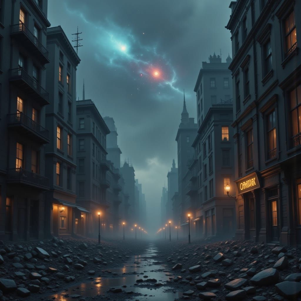 Apocalyptic Metropolis Under Galaxy Sky