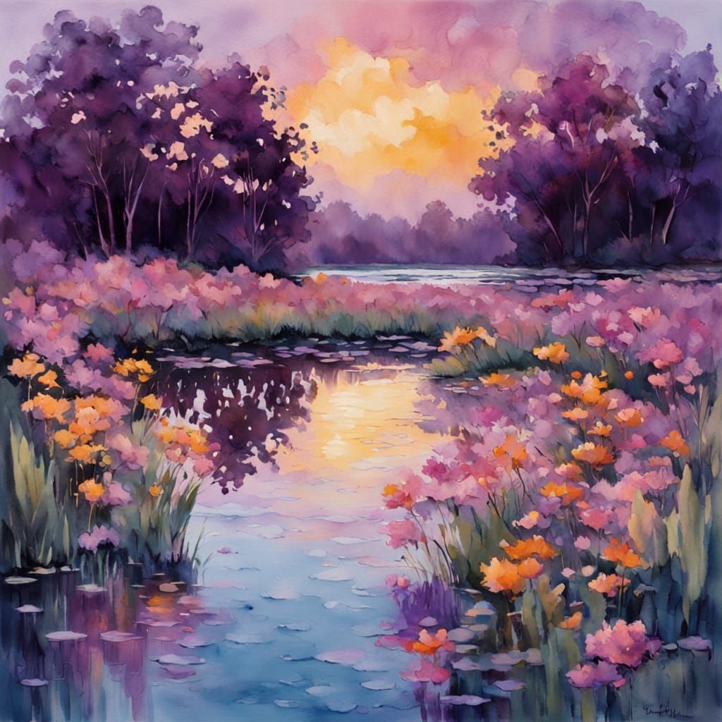 Tranquil Lake Sunset with Wildflowers