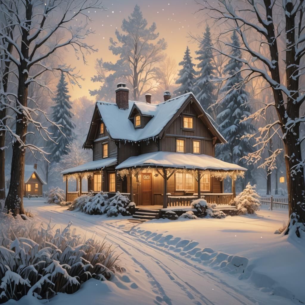 Snowy Cottage Landscape with Twinkling Lights