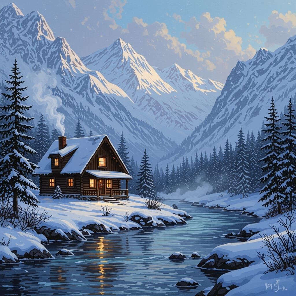 Serene Mountain Cabin with River in Bierstadt Style