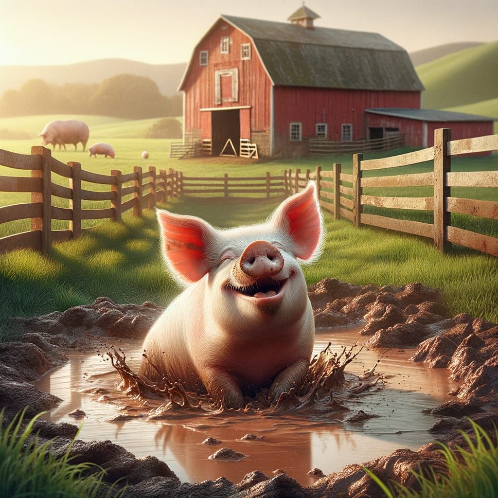 Joyful Pig Splashing in Muddy Puddle at Sunset