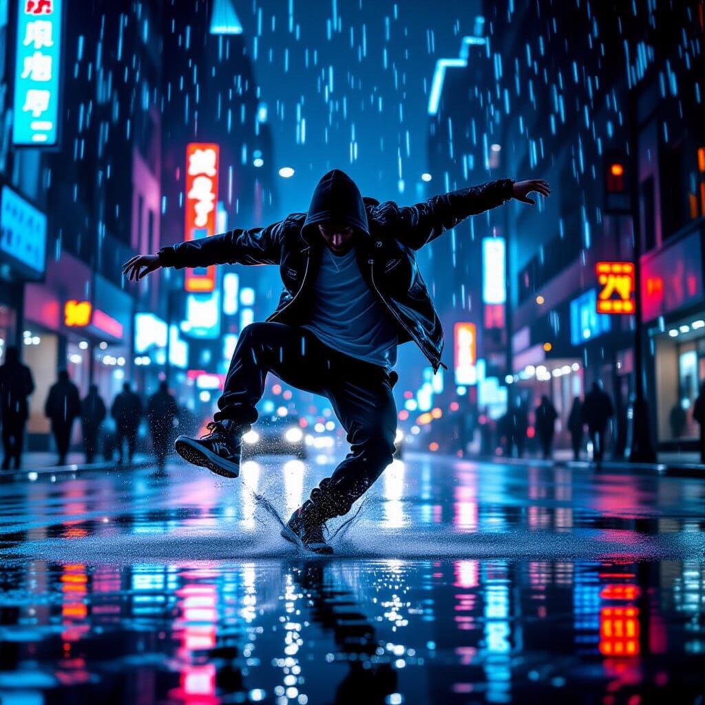 Dynamic Street Dancer Leaping in Neon Rain