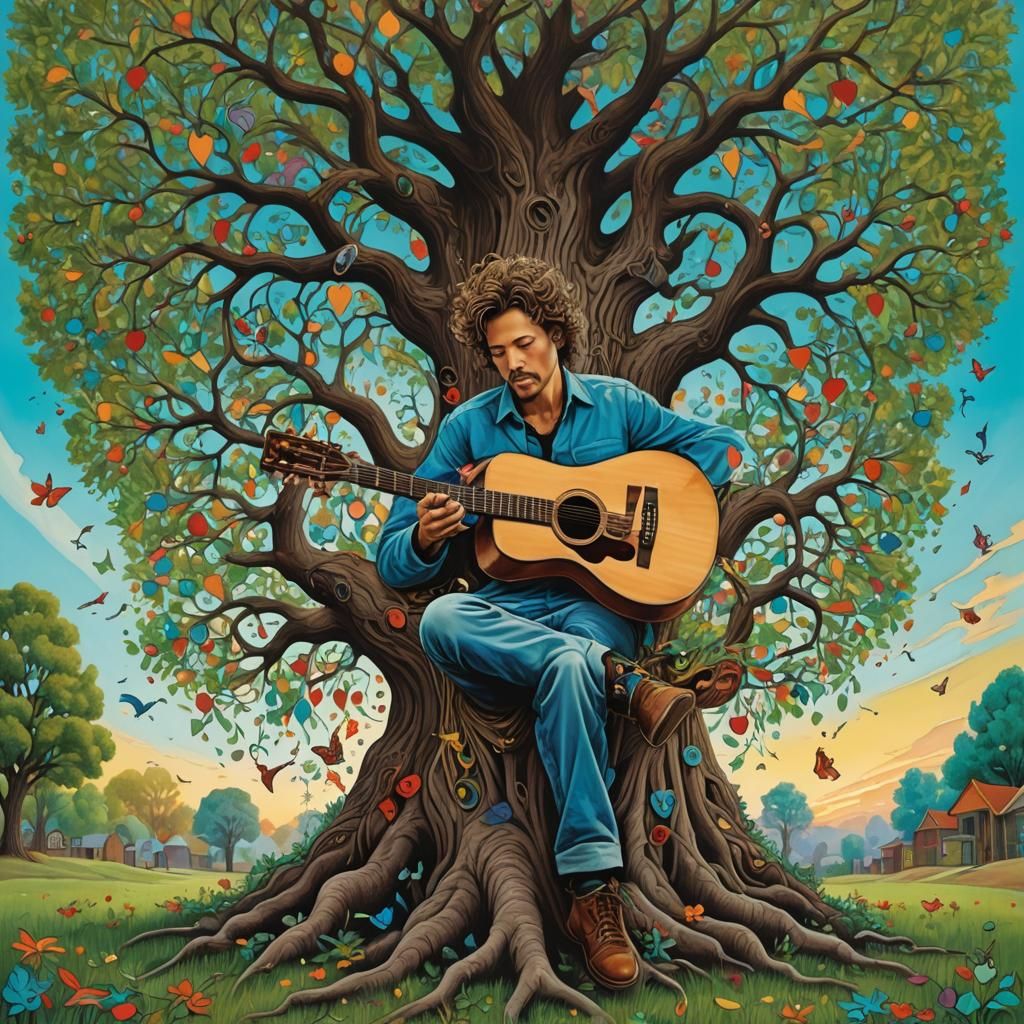 Whimsical Musician Under Polarity-Reversing Tree Illustratio...