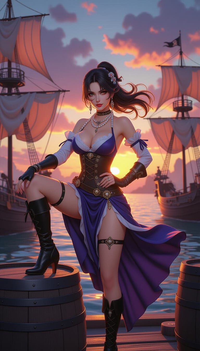 Pirate Harbor Sunset in 3D Anime Style