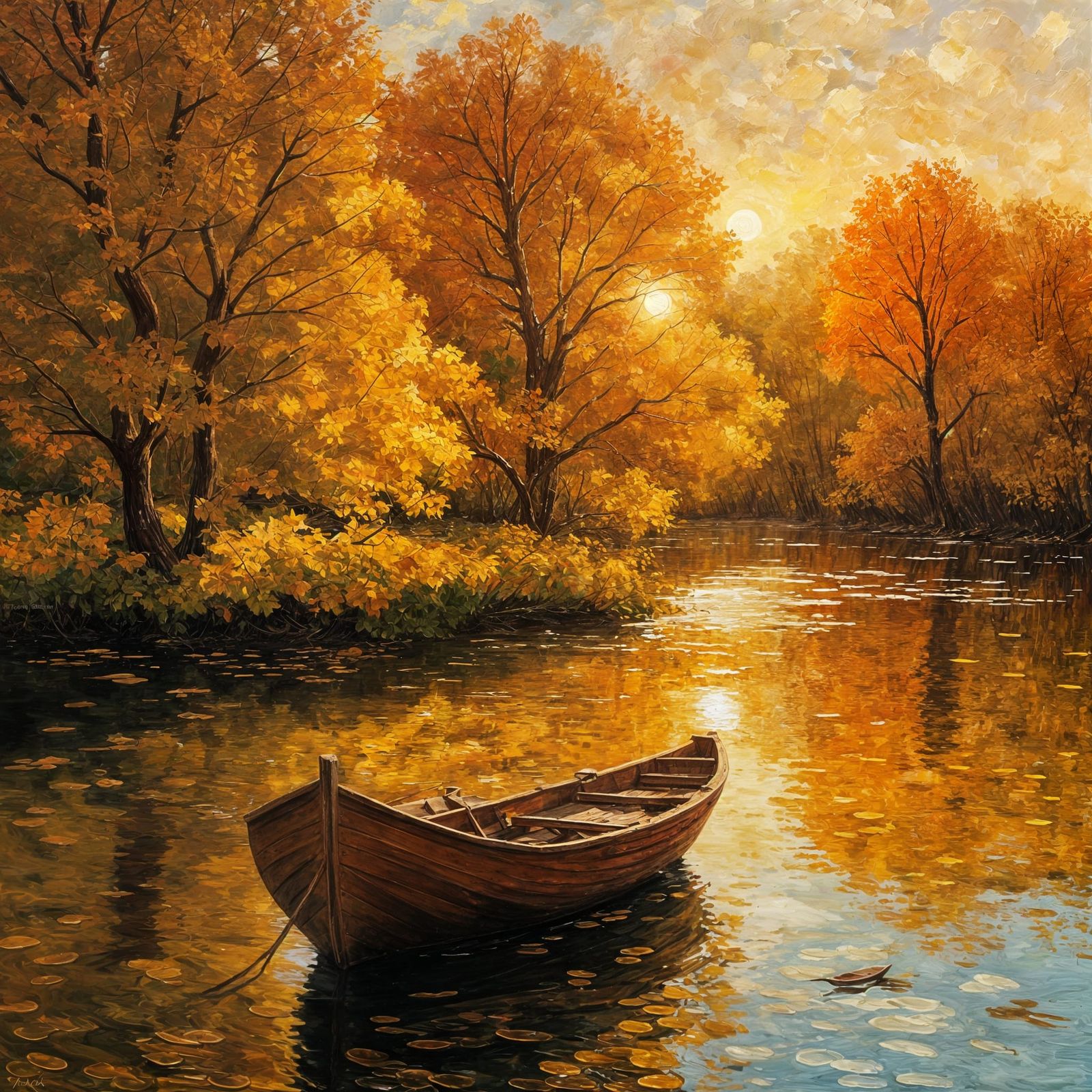 Autumn River Sunset in Impasto Oil Painting Style