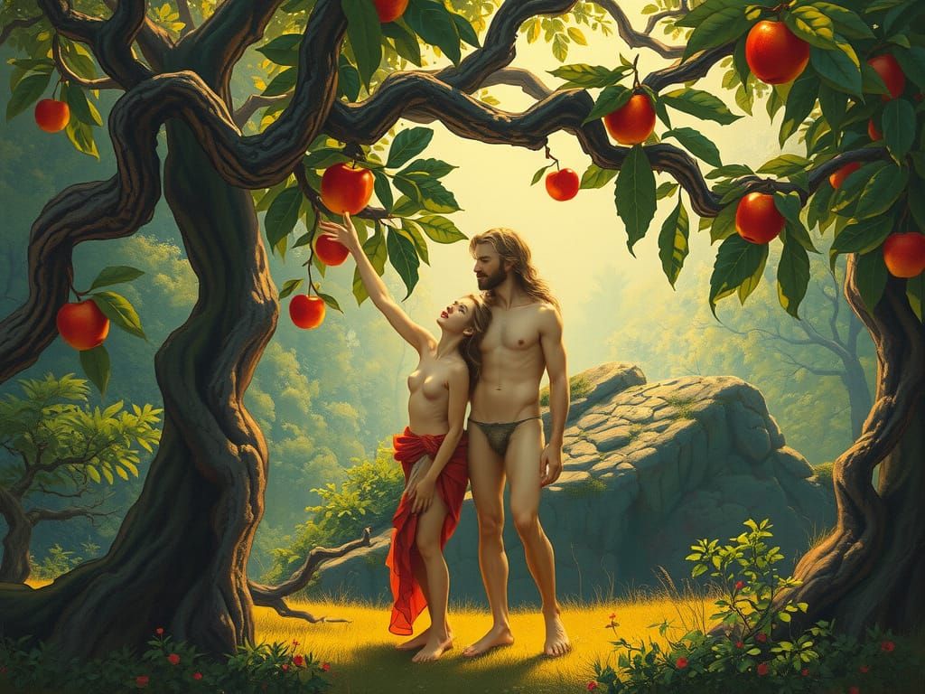 Impressionist Eden Scene: Adam and Eve by the Tree of Knowle...