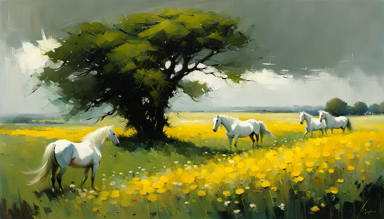 White horses in the wildflower meadow
