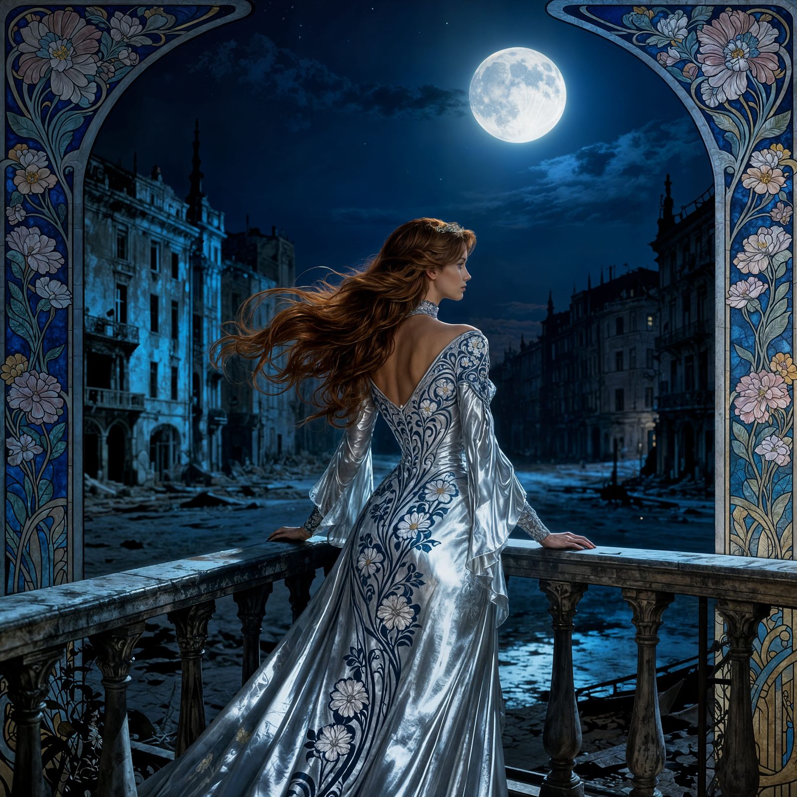 Art Nouveau Woman on Balcony Overlooking Moonlit City