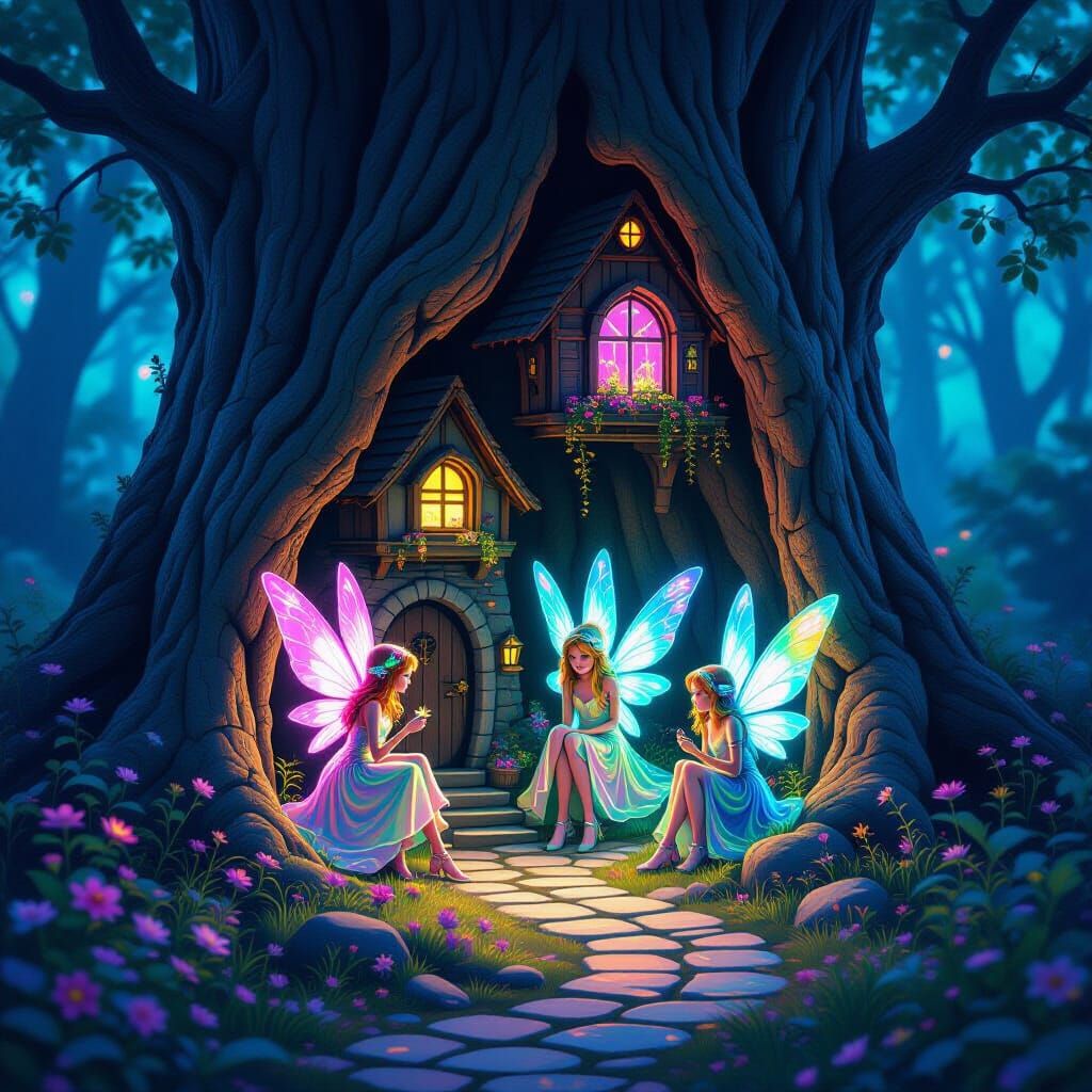Cyberpunk Fairy Village in Hollow Oak Tree Stump