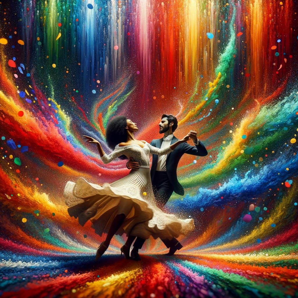 A couple dancing in  rain of colour