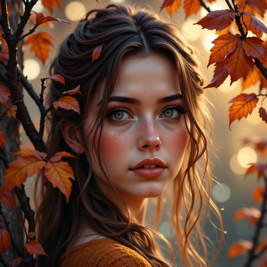 Autumn Evening Face on Dry Branch in 3D Game Style