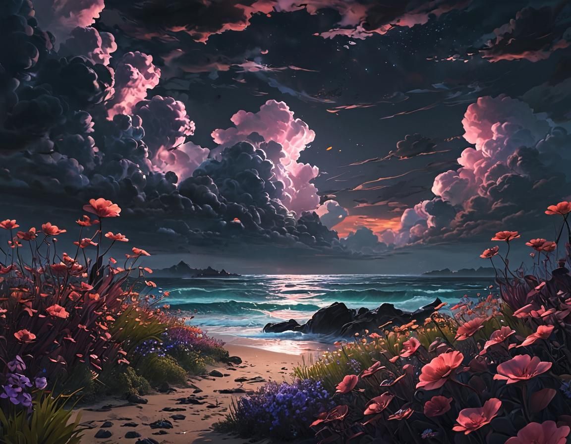 Neon Fantasy Landscape with Crashing Tides in 3D Anime Art