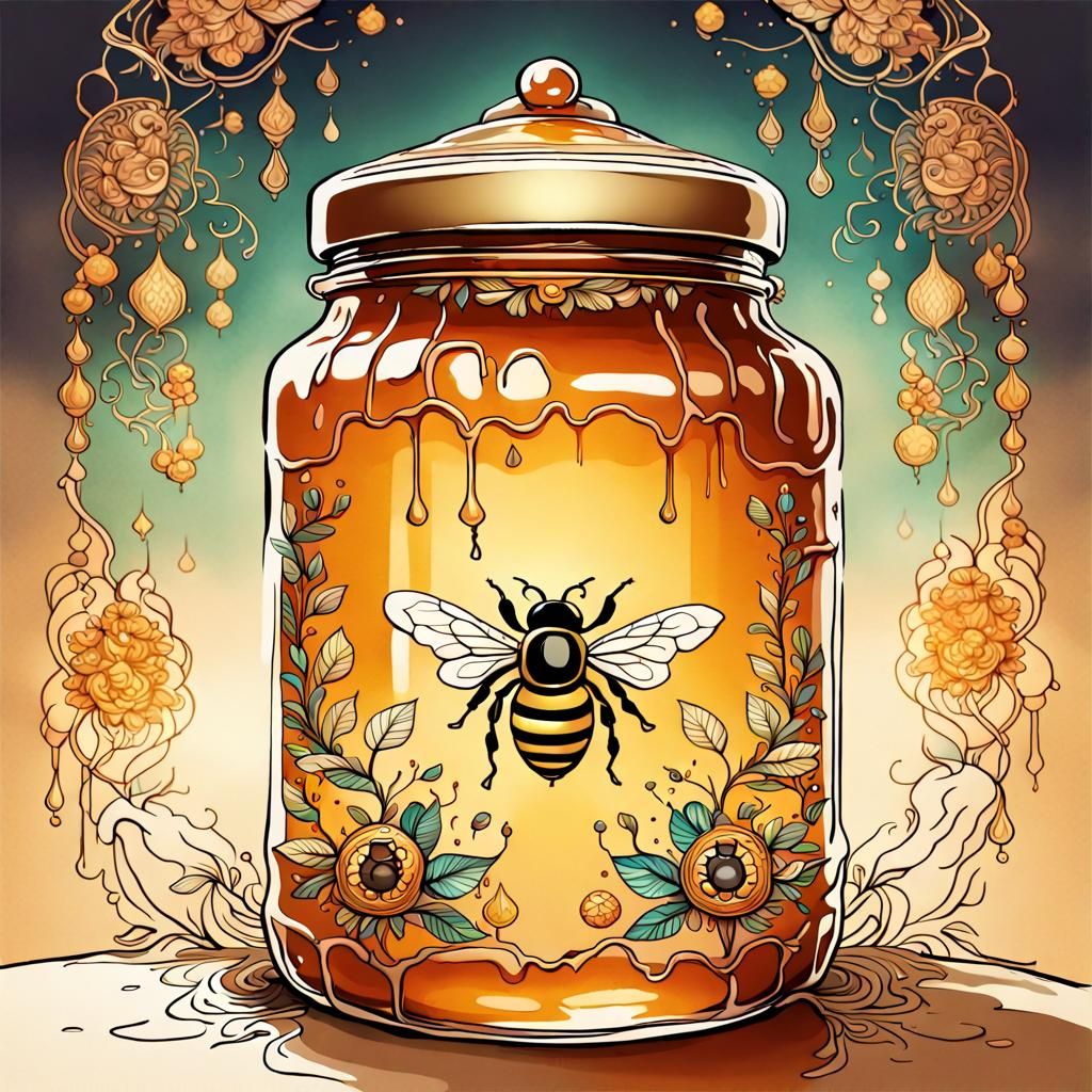 Ornate Honey Jar with Bee in Line Art Style