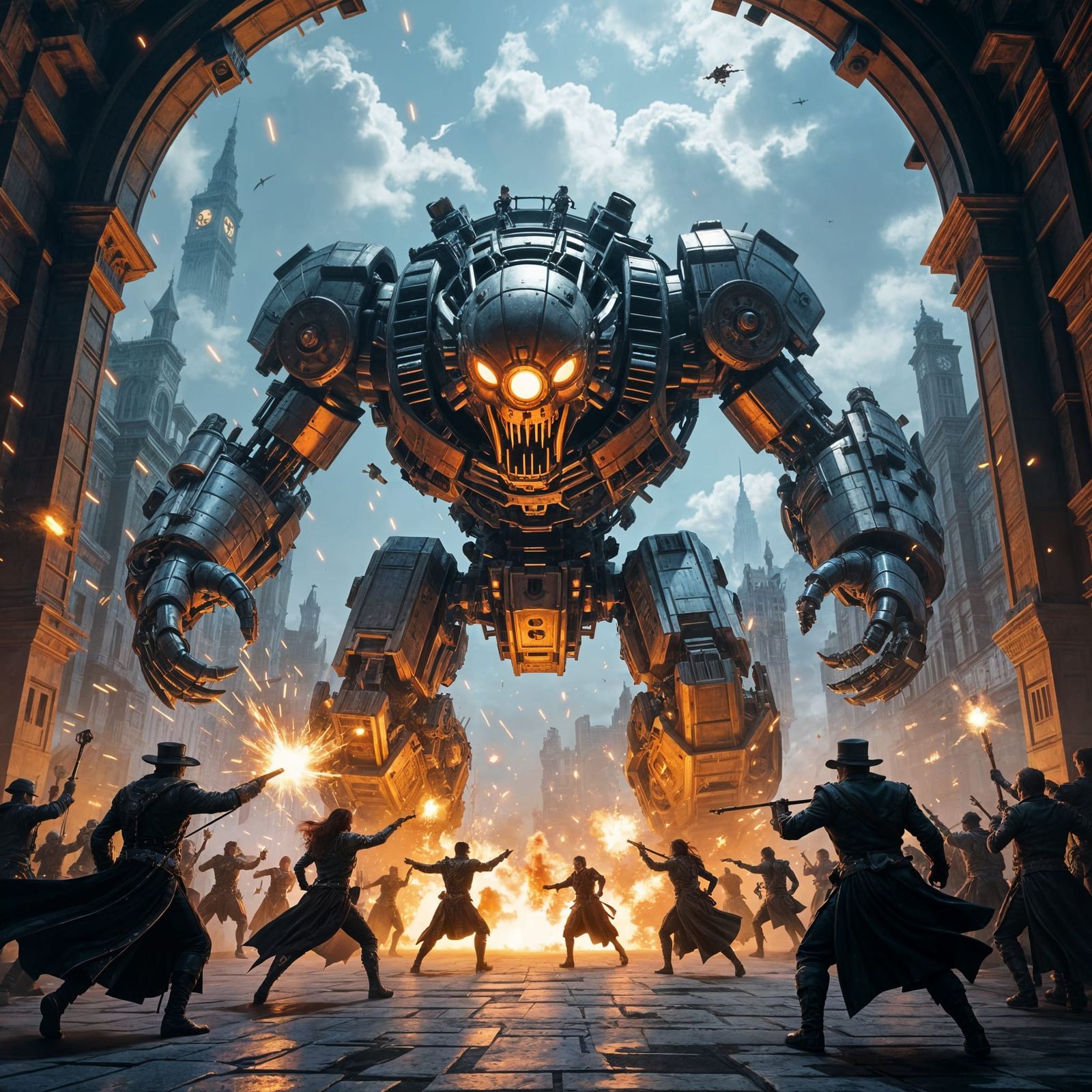 Heroes Battle Clockwork Monster in Steampunk City