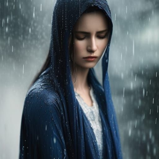 Blue-Toned Painting of a Crying Woman in Rain